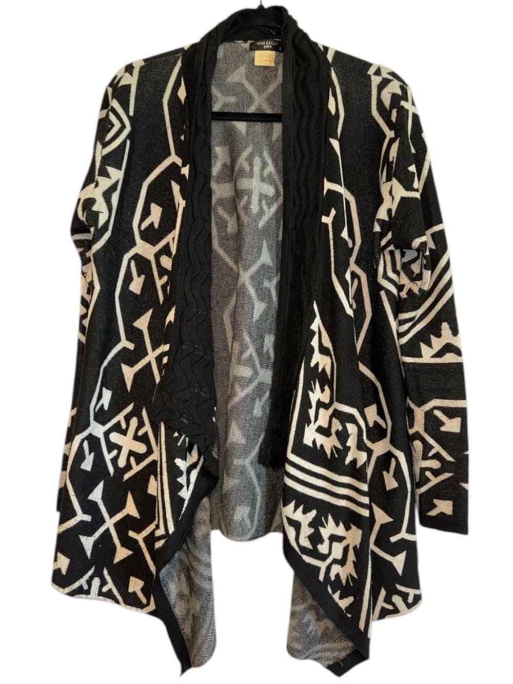 Miss Kelly 1999 Black & Cream Open-Front Geometric Knit Cardigan Sweater L